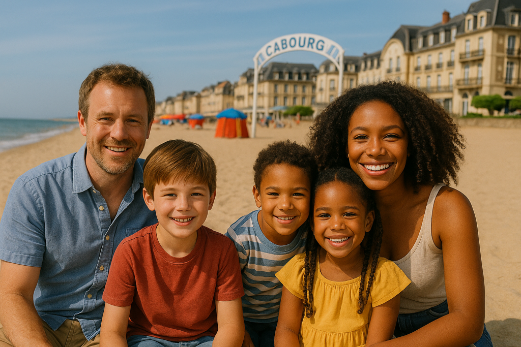 Family-enjoying-coastal-getaways-near-Paris-on-the-beach at Étretat.