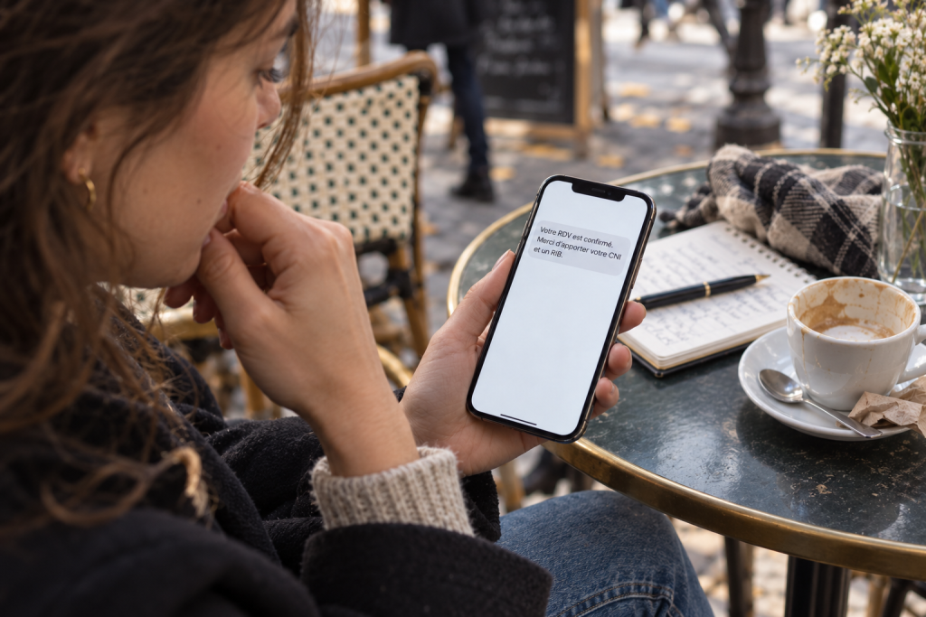 Woman reading a message containing French abbreviations at a Paris café